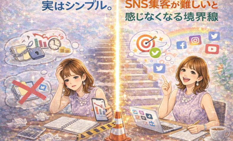 SNS集客が難しいと悩む女性経営者と、SNS集客が難しいと感じなくなった状態の対比を表したイメージ