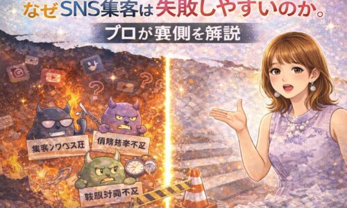 なぜSNS集客は失敗しやすいのかを解説する図。集客ノウハウ不足や計画不足に悩む様子と、プロが改善策を示す対比イラスト