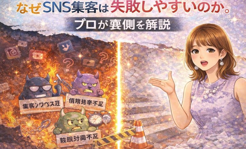 なぜSNS集客は失敗しやすいのかを解説する図。集客ノウハウ不足や計画不足に悩む様子と、プロが改善策を示す対比イラスト