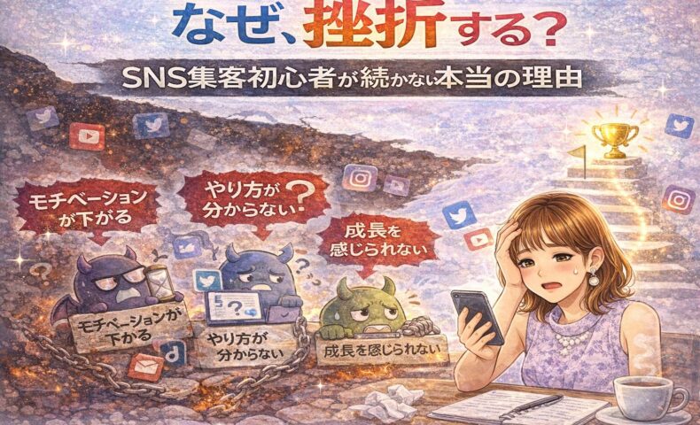 SNS集客初心者が挫折してしまう理由を、モチベーション低下・やり方が分からない・成長を感じられない要因とともに表現したイラスト
