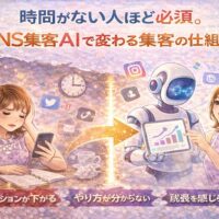 時間がないSNS集客初心者が、SNS集客AIを使って失敗を減らし、集客の仕組みを整えていくイメージイラスト