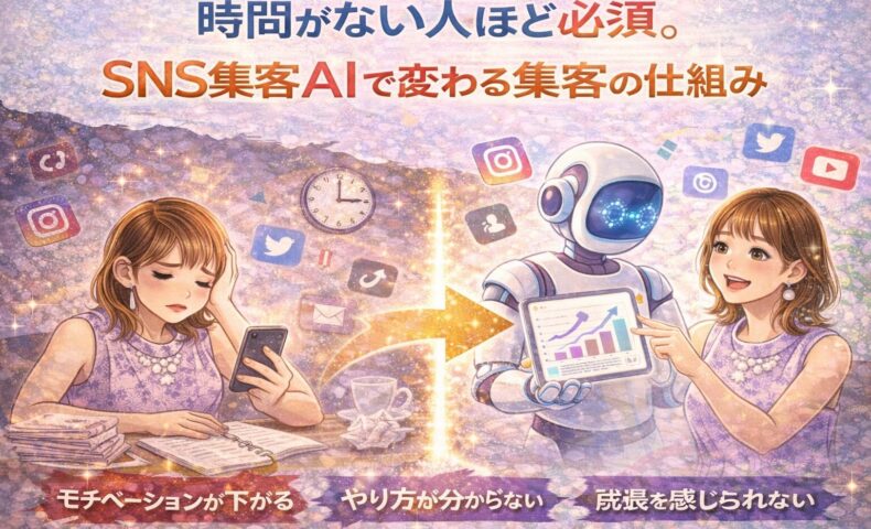 時間がないSNS集客初心者が、SNS集客AIを使って失敗を減らし、集客の仕組みを整えていくイメージイラスト
