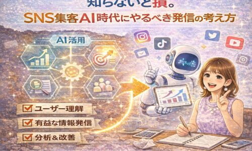 SNS集客AI時代にやるべき発信の考え方を解説するイラスト。AI活用、ユーザー理解、有益な情報発信、分析と改善を軸に、初心者でも成果を出す仕組みを表現している。