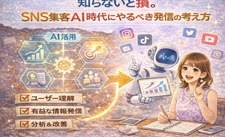 SNS集客AI時代にやるべき発信の考え方を解説するイラスト。AI活用、ユーザー理解、有益な情報発信、分析と改善を軸に、初心者でも成果を出す仕組みを表現している。