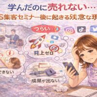 SNS集客セミナー後に学んだのに売れず、行動できない・成果が出ない現実に悩む女性のイメージ