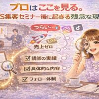 SNS集客セミナーで失敗しないために、初心者が講師の実績や具体的内容、フォロー体制を見極めているイメージ