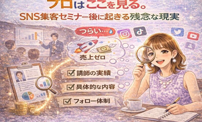 SNS集客セミナーで失敗しないために、初心者が講師の実績や具体的内容、フォロー体制を見極めているイメージ