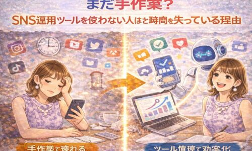 SNS運用ツールを使わず手作業で疲弊する女性と、ツール活用で効率化し成果を出す女性の対比イメージ