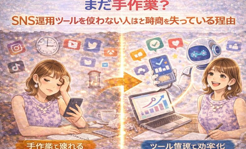 SNS運用ツールを使わず手作業で疲弊する女性と、ツール活用で効率化し成果を出す女性の対比イメージ