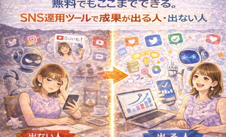SNS運用ツールを使いこなせず成果が出ない人と、無料ツールでも効率化して成果を出す人の違いを表したイラスト