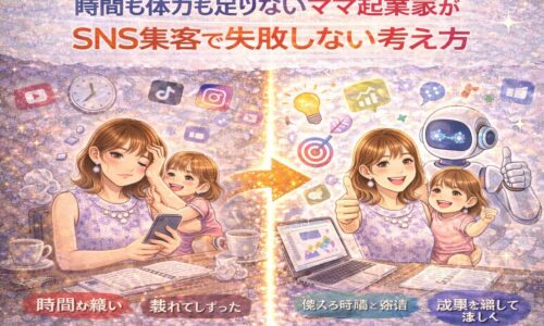 時間も体力も足りないママ起業家が、SNS集客で失敗せず成果を出すまでの変化を表したイラスト