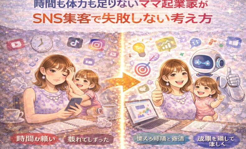 時間も体力も足りないママ起業家が、SNS集客で失敗せず成果を出すまでの変化を表したイラスト