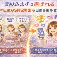 ママ起業がSNS集客で信頼を集め、売り込まずに選ばれる流れを表したイラスト。忙しいママがSNS発信を整え、信頼と成果を得る様子。