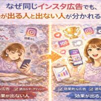 なぜ同じインスタ広告でも効果が出る人と出ない人が分かれる理由を、インスタ広告で成果が出ない人と出る人の対比イラストで解説したビジュアル