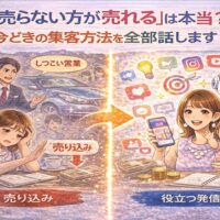 売り込まない集客方法で信頼を集め、役立つ発信から自然に選ばれる今どきの集客スタイルを表したイラスト