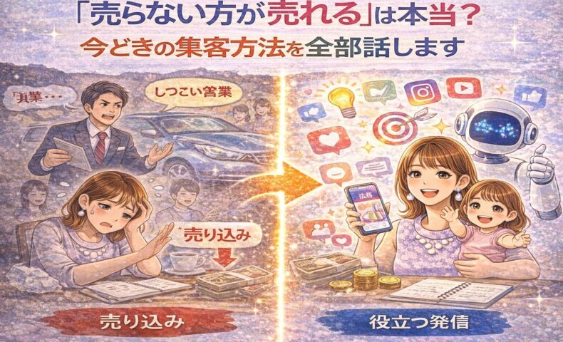 売り込まない集客方法で信頼を集め、役立つ発信から自然に選ばれる今どきの集客スタイルを表したイラスト