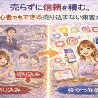 売り込まない集客方法で信頼を積み、役立つ発信によって自然に選ばれる流れを表したイラスト