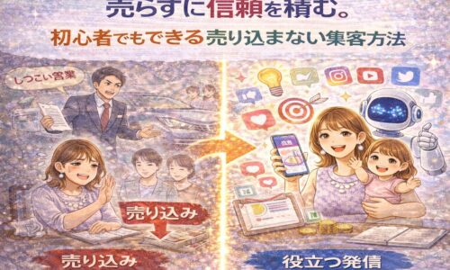 売り込まない集客方法で信頼を積み、役立つ発信によって自然に選ばれる流れを表したイラスト