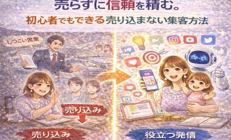 売り込まない集客方法で信頼を積み、役立つ発信によって自然に選ばれる流れを表したイラスト