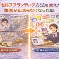 セルフブランディング 方法を変えたことで、自己流で集客に悩んでいた状態から、魅力的なプロフィール設計によって集客が止まらなくなった変化を表したビジュアル