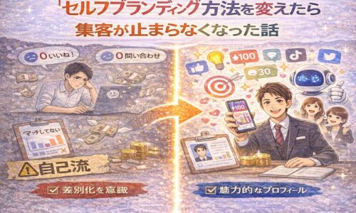 セルフブランディング 方法を変えたことで、自己流で集客に悩んでいた状態から、魅力的なプロフィール設計によって集客が止まらなくなった変化を表したビジュアル
