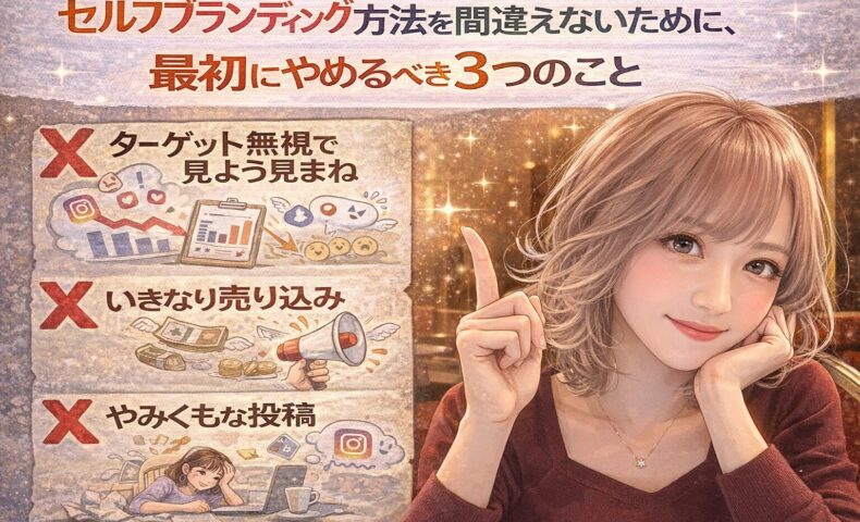 セルフブランディング 方法を間違えないために、ターゲット無視・いきなり売り込み・やみくもな投稿という3つのNG行動をやめるべき理由を示したビジュアル