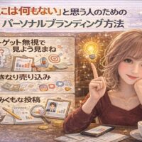 「私には何もない」と感じている人向けに、パーソナルブランディング 方法でやめるべき行動（ターゲット無視・いきなり売り込み・やみくもな投稿）と、気づきから価値を見つける考え方を示したビジュアル