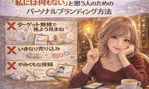 「私には何もない」と感じている人向けに、パーソナルブランディング 方法でやめるべき行動（ターゲット無視・いきなり売り込み・やみくもな投稿）と、気づきから価値を見つける考え方を示したビジュアル