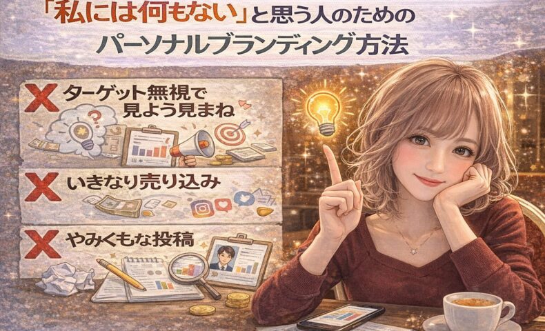 「私には何もない」と感じている人向けに、パーソナルブランディング 方法でやめるべき行動（ターゲット無視・いきなり売り込み・やみくもな投稿）と、気づきから価値を見つける考え方を示したビジュアル