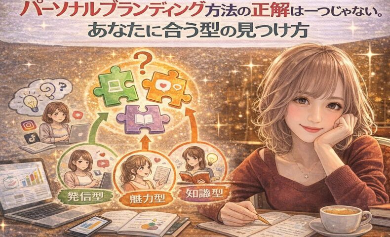 ブランディング戦略の立て方は一つではないことを示し、発信型・魅力型・知識型など自分に合う型を見つける考え方を図解したビジュアル
