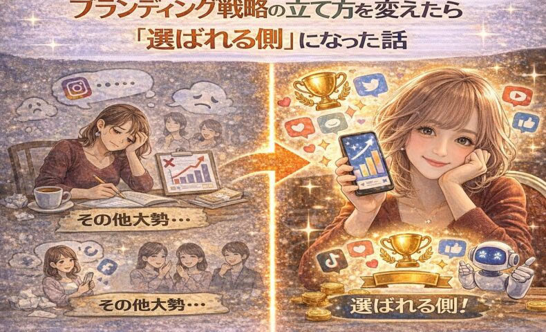 ブランディング戦略 立て方を変えることで、その他大勢から抜け出し「選ばれる側」になった変化を、発信前と発信後の対比で表したビジュアル