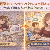 女性起業でワークライフバランスが崩れる人とうまく回る人の違いを対比で表したイラスト