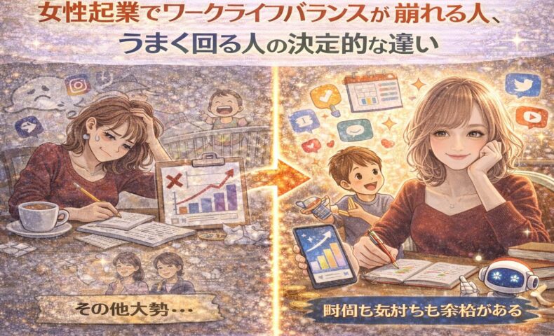 女性起業でワークライフバランスが崩れる人とうまく回る人の違いを対比で表したイラスト