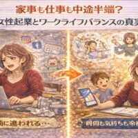 女性起業とワークライフバランスに悩み、家事と仕事に追われる状態から時間と気持ちに余裕を取り戻す変化を表したイラスト