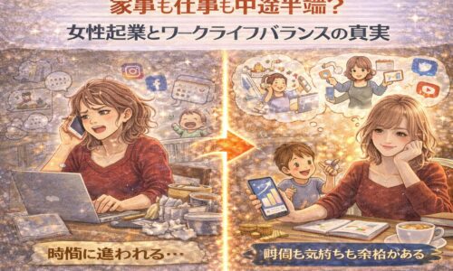 女性起業とワークライフバランスに悩み、家事と仕事に追われる状態から時間と気持ちに余裕を取り戻す変化を表したイラスト