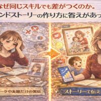 ブランドストーリーの作り方で差がつく理由を、実績重視の発信とストーリー発信の対比イラストで解説している画像