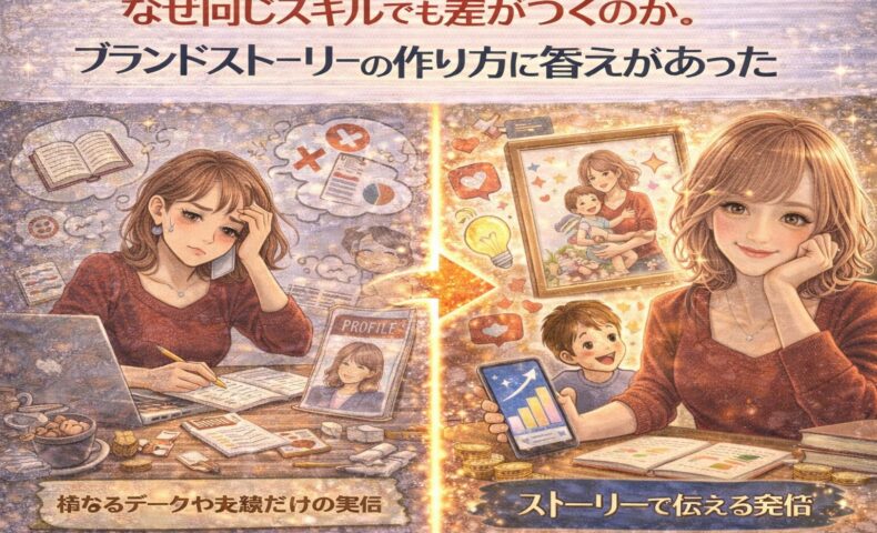 ブランドストーリーの作り方で差がつく理由を、実績重視の発信とストーリー発信の対比イラストで解説している画像