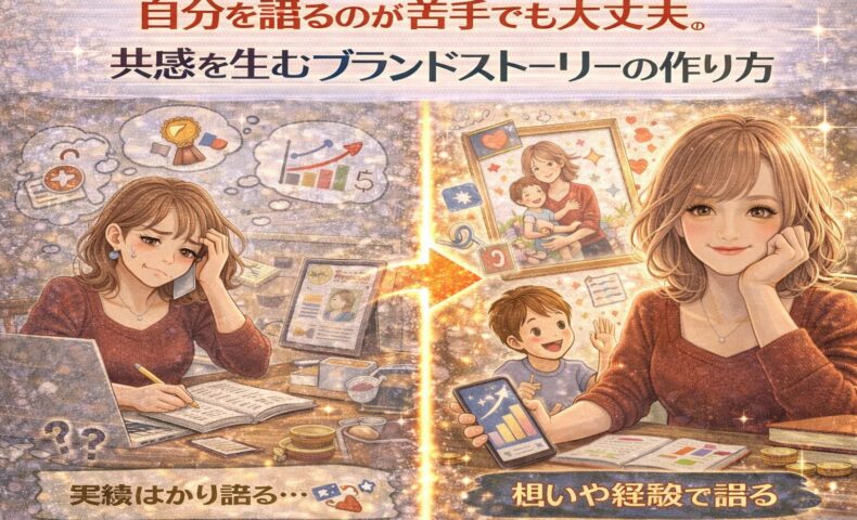 自分を語るのが苦手な女性が、ブランドストーリーの作り方を変えて共感と成果を得ていくイメージイラスト