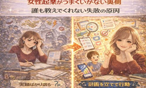 女性起業がうまくいかない失敗原因を、悩む女性と計画的に行動する女性の対比イラストで表現した図解