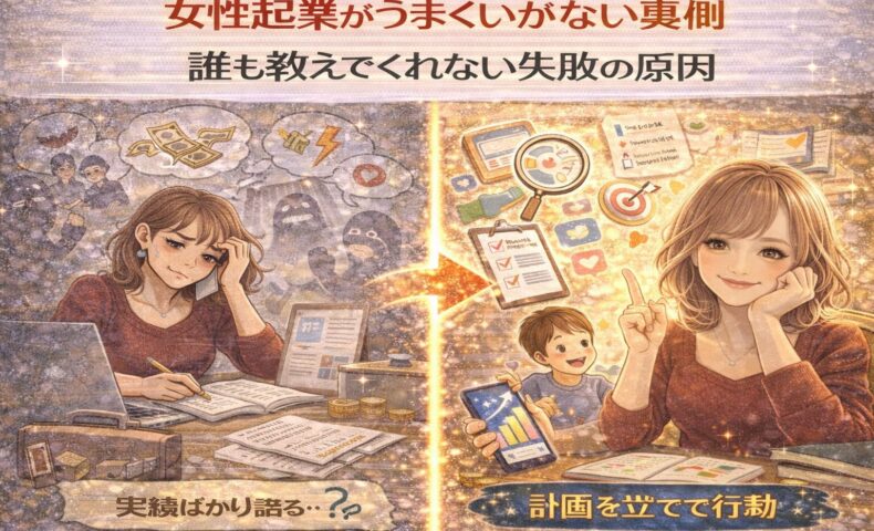 女性起業がうまくいかない失敗原因を、悩む女性と計画的に行動する女性の対比イラストで表現した図解