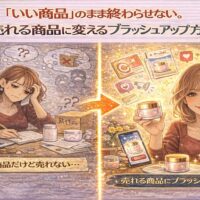 いい商品なのに売れない悩みから、商品をブラッシュアップして売れる商品に変える方法を表現したイラスト