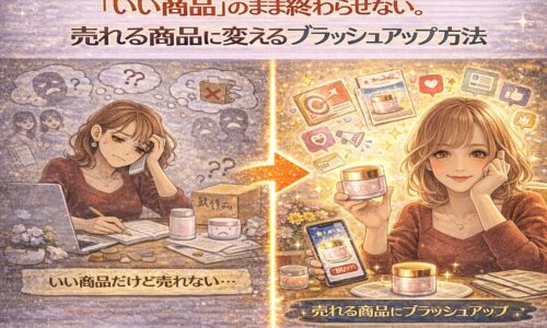 いい商品なのに売れない悩みから、商品をブラッシュアップして売れる商品に変える方法を表現したイラスト