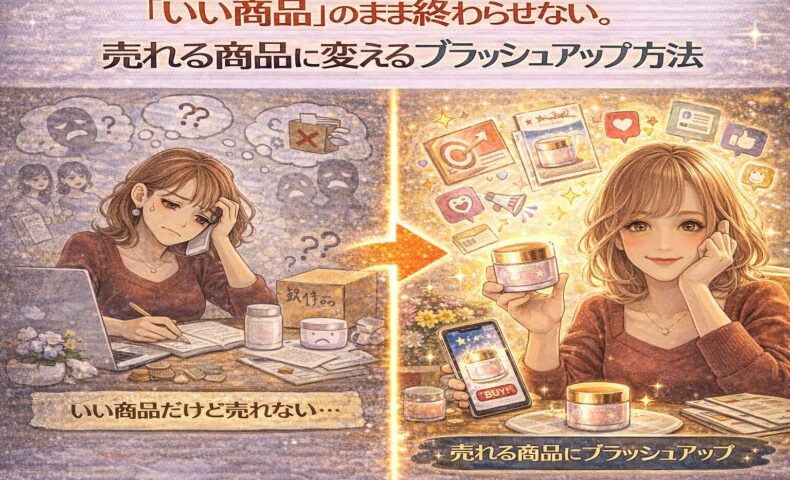 いい商品なのに売れない悩みから、商品をブラッシュアップして売れる商品に変える方法を表現したイラスト