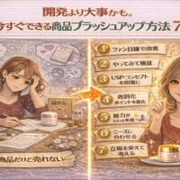 開発より大事かもしれない商品ブラッシュアップ方法を7つ解説する比較イラスト。売れない商品から、ファン視点で改善され売れる商品へ変化する様子を表現。