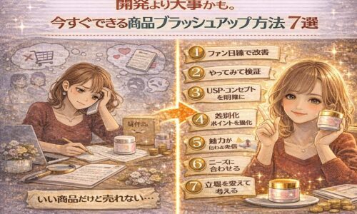 開発より大事かもしれない商品ブラッシュアップ方法を7つ解説する比較イラスト。売れない商品から、ファン視点で改善され売れる商品へ変化する様子を表現。