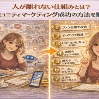 コミュニティマーケティング方法を解説するイメージ。人が離れない仕組みを設計し、ファン視点で改善・検証を重ねて成果につなげる流れを表現したビジュアル