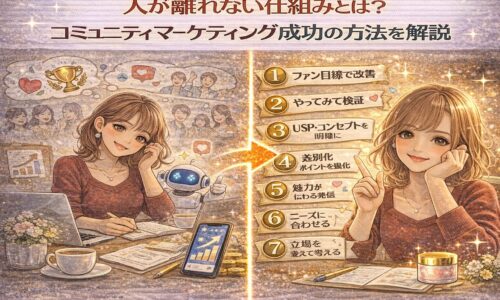 コミュニティマーケティング方法を解説するイメージ。人が離れない仕組みを設計し、ファン視点で改善・検証を重ねて成果につなげる流れを表現したビジュアル