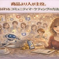 商品ではなく人を中心に、コミュニティマーケティングの方法を実践し、ファンとつながりながら成長する様子を描いたイラスト