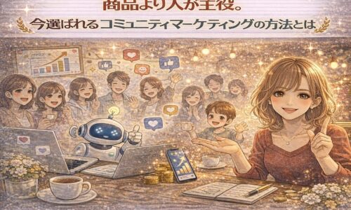 商品ではなく人を中心に、コミュニティマーケティングの方法を実践し、ファンとつながりながら成長する様子を描いたイラスト