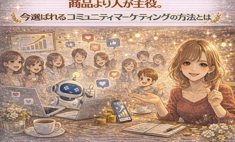 商品ではなく人を中心に、コミュニティマーケティングの方法を実践し、ファンとつながりながら成長する様子を描いたイラスト